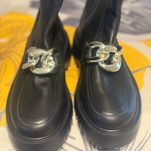 Women's Black Leather Boots with Silver Chain